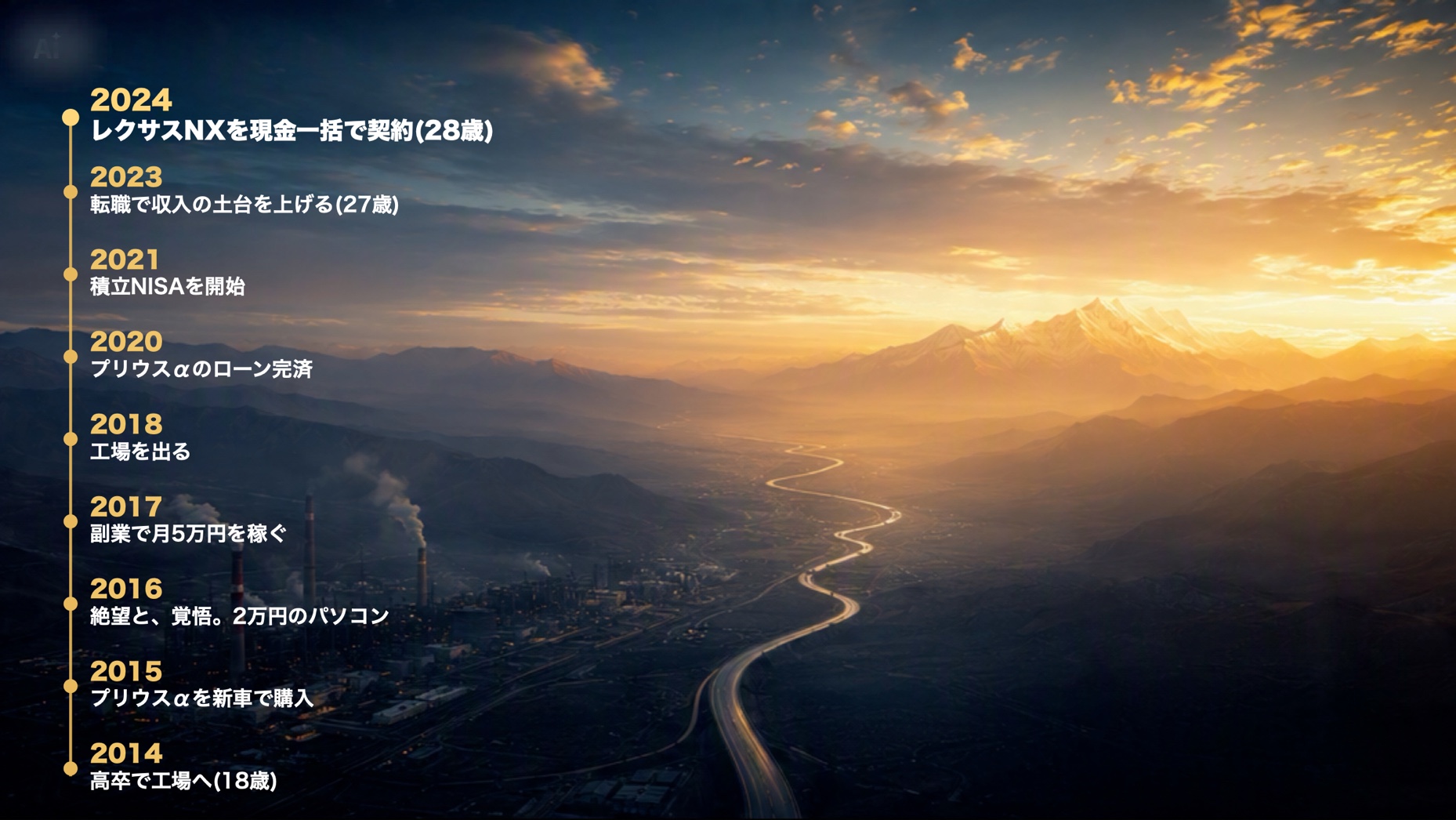 高卒で工場に入った2014年からレクサスNXを現金一括で契約した2024年までの10年間のタイムライン