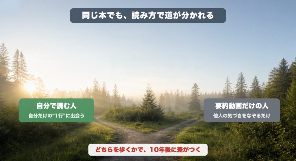 同じ本でも読み方で道が分かれる。自分で読む人は自分だけの1行に出会い、要約動画だけの人は他人の気づきをなぞるだけ