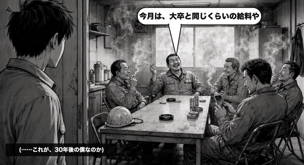 プレハブ小屋の休憩所で「今月は大卒と同じくらいの給料や」と笑う先輩たちを、入り口から見ている新人時代の僕(漫画風イラスト)